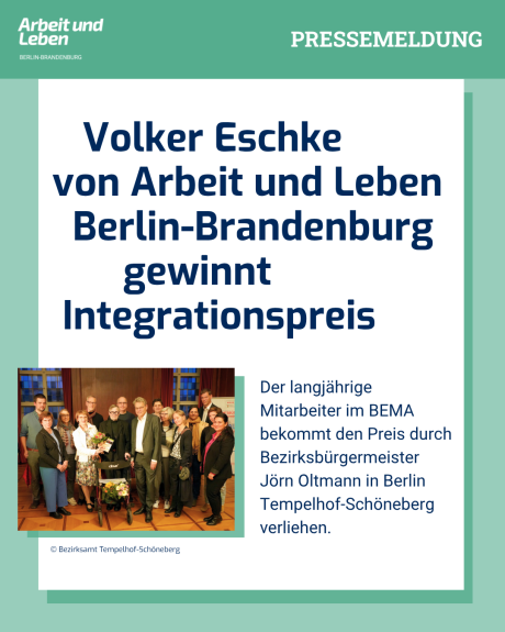 Volker Eschke von Arbeit und Leben Berlin-Brandenburg gewinnt Integrationspreis